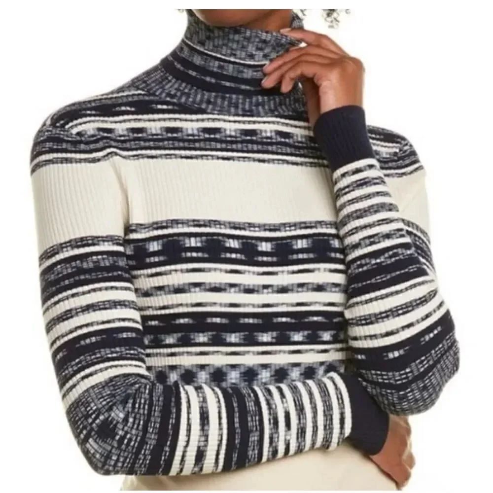 Tory Burch Julie sweater turtleneck blue cream striped ribbed XL sweater